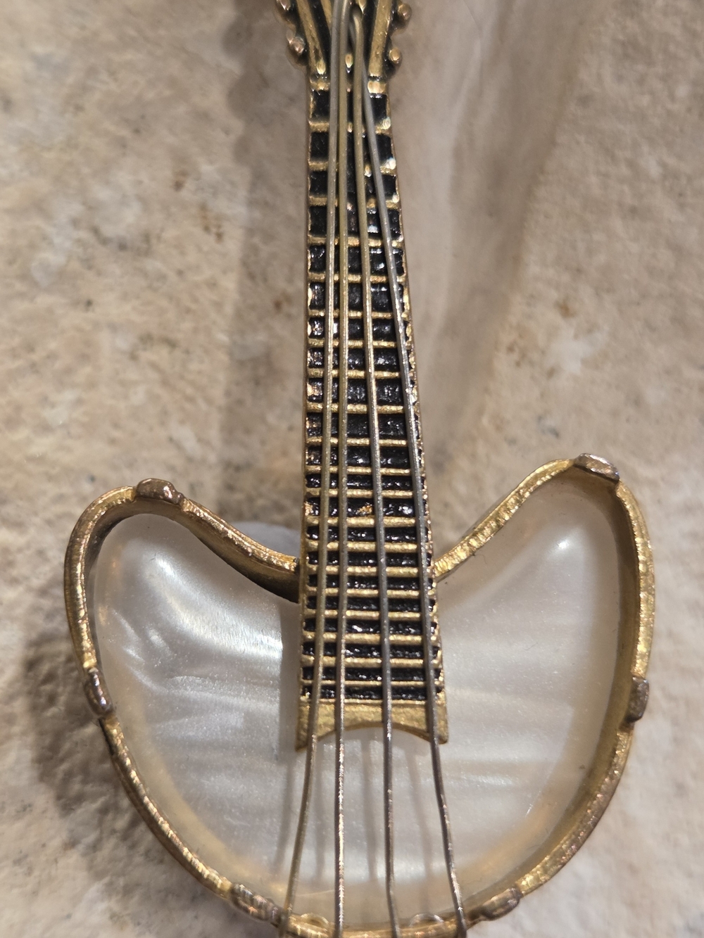 Vintage Damascene Guitar Brooch Pin in Gold Tone Marked Spain 2"